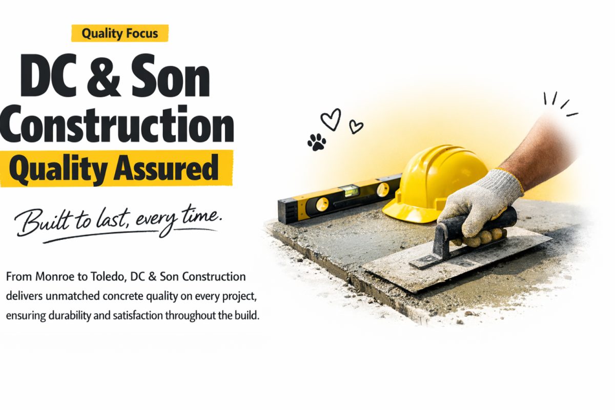 Photo of DC & Son Construction crew inspecting freshly poured concrete driveway with tools and safety gear